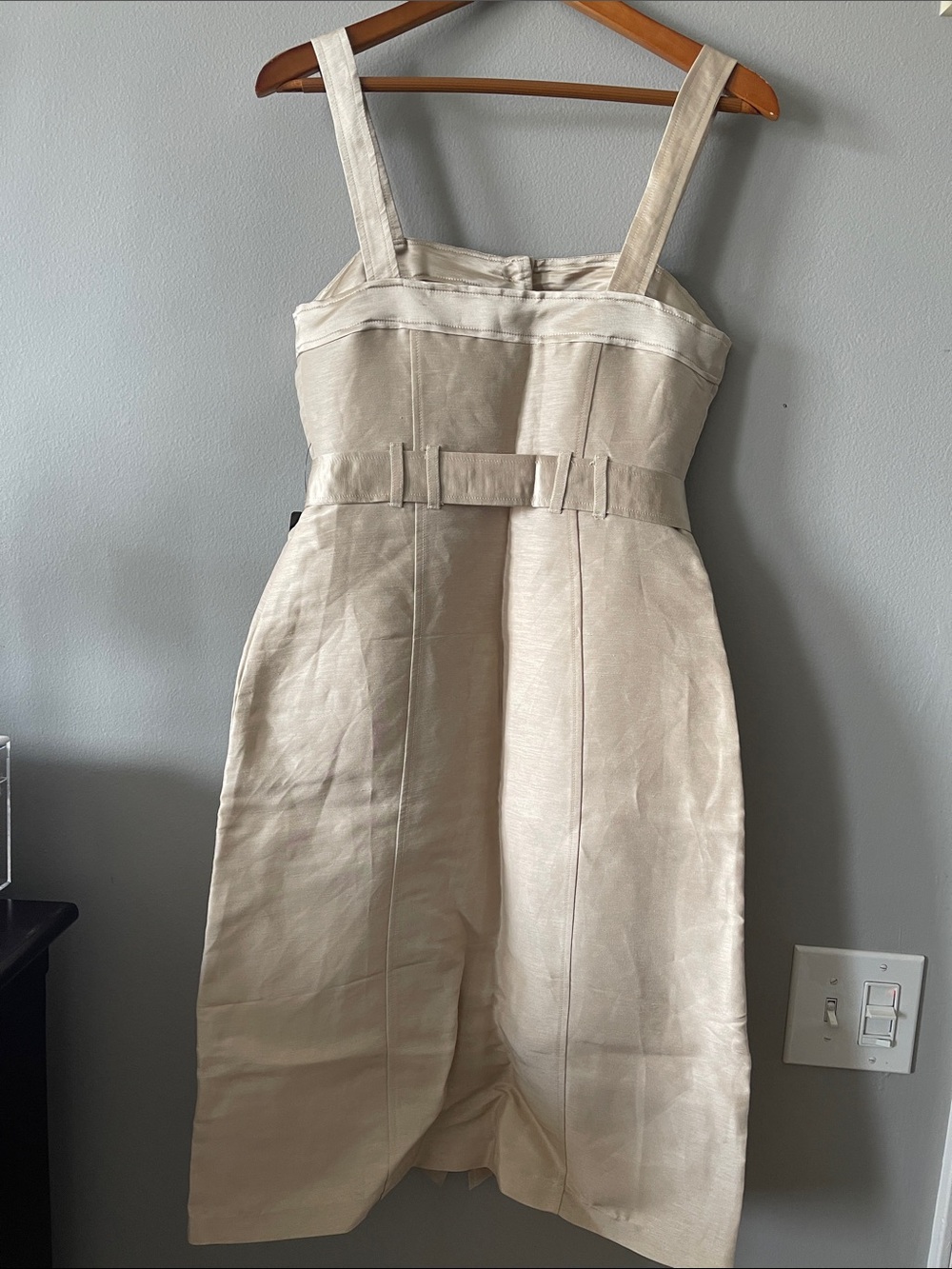 New Express safari style cream Button-Front Midi Dress with Belted Waist - Picture 3 of 8